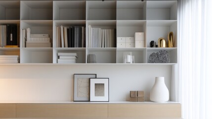 Fototapeta premium Minimalist white built-in shelving with books and framed art. Soft daylight in a modern home office nook. Calm order and focus. Ideal for branding, interior design, and productivity themes.