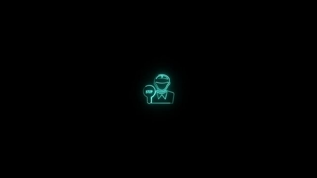 Glowing neon Policeman stop warning sign near traffic on black background animation
