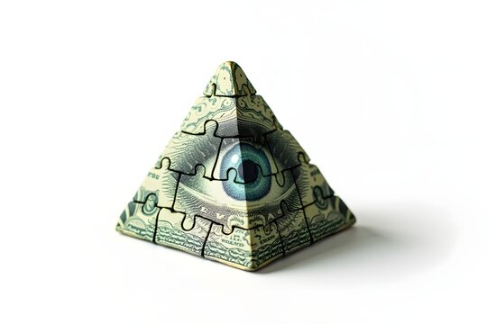 Jigsaw puzzle made from the pyramid and eye on the back of a one dollar bill.