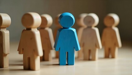 A blue figure distinguishes itself from wooden figures, illustrating the importance of unique leadership in a corporate setting