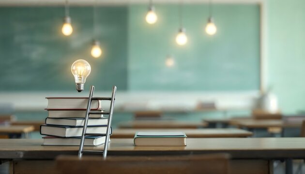 A light bulb on a stack of books represents learning and achievement in education and back-to-school themes