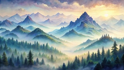 Obraz premium Serene Misty Mountain Range at Sunrise, a Breathtaking View of Verdant Peaks and Evergreen Forests