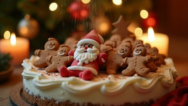 Christmas cake with gingerbread cookies in the shape of Santa Claus. Holiday atmosphere with candles and lights