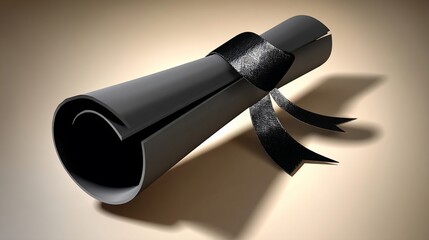 Rolled document tied with black ribbon, casting shadows on a tan surface