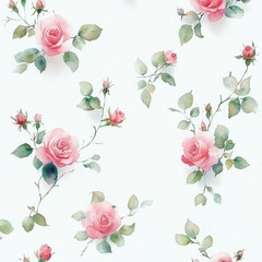 Delicate watercolor painting of pink roses with green leaves on white background conveying softness and elegance