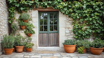 Naklejka premium Hillside Stone Home with Lush Climbing Vines and Terracotta Pots