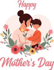 Cartoon flat vector illustration of mother holding her son in arms greeting and invitation cards. 