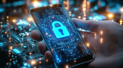 Hand holding smartphone displaying digital lock icon over a circuit board background symbolizing cybersecurity and data protection