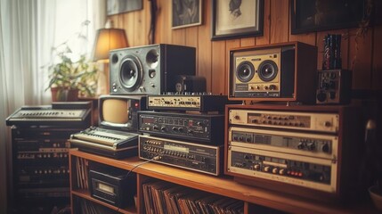 Fototapeta premium A cozy vintage music room with wooden walls filled with retro audio equipment, speakers, a keyboard, records, and warm lighting creating a nostalgic atmosphere
