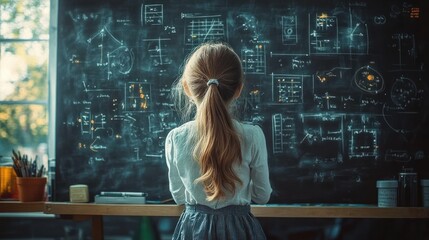 Young girl with long hair tied in a ponytail standing and studying complex mathematical or scientific formulas on a chalkboard in a classroom filled with natural light