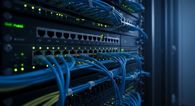 Interconnected server rack with blue cables