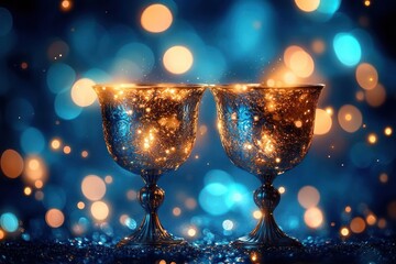 Two ornate glowing golden goblets with intricate designs standing amid shimmering blue and orange bokeh lights creating a festive and magical atmosphere
