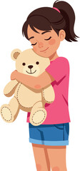 Obraz premium Girl hugging teddy bear with pink shirt and blue shorts vector illustration 