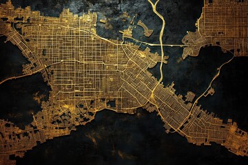 intricate golden city map with detailed street grids on a dark textured background depicting an urban layout with waterways and roads