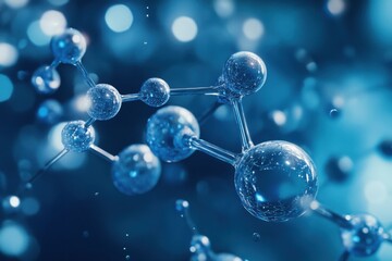 Intricate molecular structure with blue and silver spheres and rods glowing softly against a blurred background in 3D chemistry visualization
