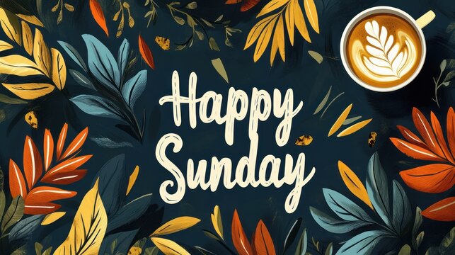 Happy Sunday greeting with colorful leaves and coffee