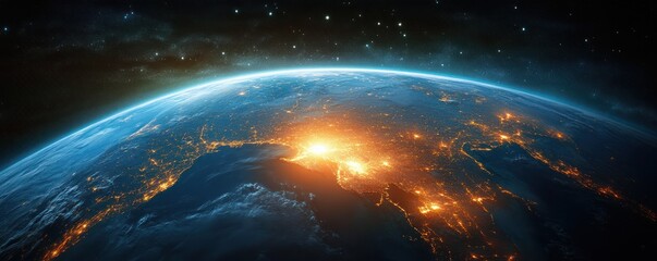 Fototapeta premium View of Earth from space showing city lights illuminating the continent near a large body of water under a starry sky with glowing atmosphere