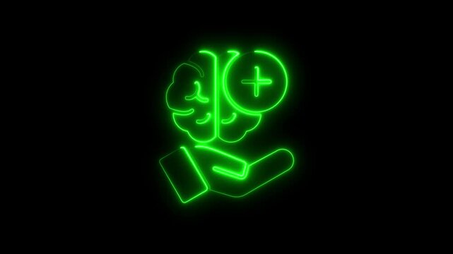 Glowing neon brain with plus sign held in hand on black background