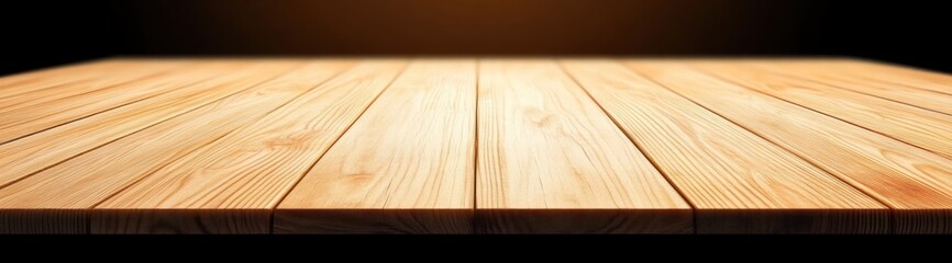 Smooth polished wooden tabletop with natural grain patterns illuminated against a dark background evoking warmth and simplicity