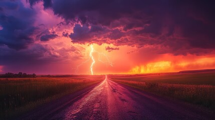 Dramatic Lightning Storm over Country Road