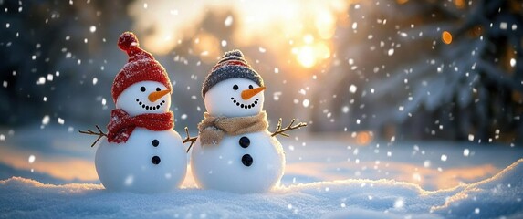 Two cheerful snowmen wearing winter hats and scarves standing side by side on fresh snow during sunset with falling snowflakes and a soft glowing background