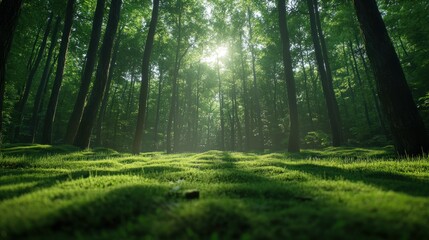 Fototapeta premium Lush forest floor bathed in sunlight