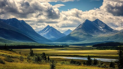 mountain landscape with lake and mountains
