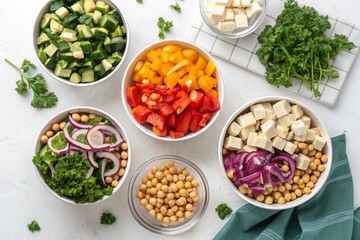 Fototapeta premium Top-down view of colorful chopped vegetables: zucchini, bell peppers, red onions, kale, tofu cubes, chickpeas in prep bowls, arranged neatly for vegan meal prep, white kitchen background.