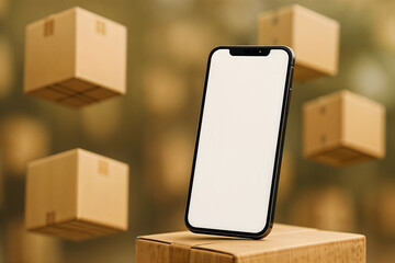 Teléfono móvil con pantalla en blanco sobre una caja de cartón, con más cajas flotando al fondo. Ideal para proyectos sobre comercio electrónico y logística.