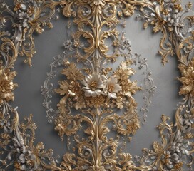 Intricate silver & gold floral baroque design; swirling scrolls, lush blossoms,  backdrop,  texture,  antique