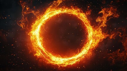 A vivid ring of swirling bright flames forming a fiery circle with sparks and embers against a dark background, conveying intense energy and power