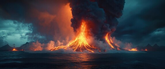 Powerful volcanic eruption with lava flowing into the ocean under a stormy sky emitting thick black smoke and glowing red-hot lava fountains across a turbulent sea