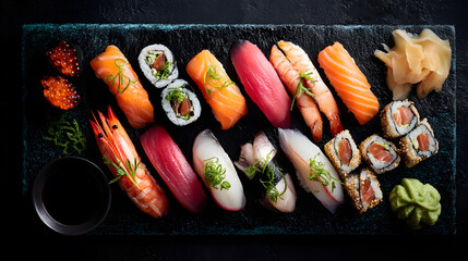A Variety Of Sushi Is Displayed On A Black Slate (AI Image)