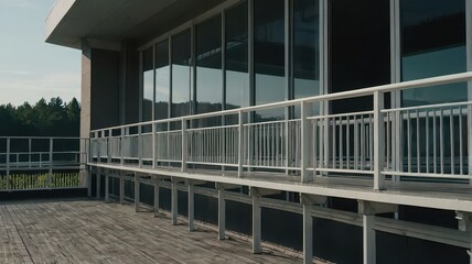 Fototapeta premium View of a building exterior with large windows and a wooden deck and white metal railing system