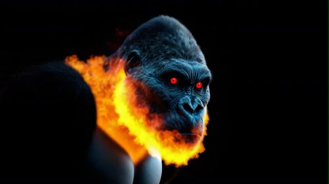gorilla with red eyes burning on background