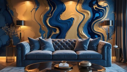 Obraz premium Luxurious Abstract Fluid Art Wall Painting with Gold Veins and Navy Swirls – Elegant Living Room Decor