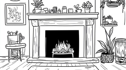 Fototapeta premium Cozy living room fireplace, plants, home decor, winter warmth, interior design