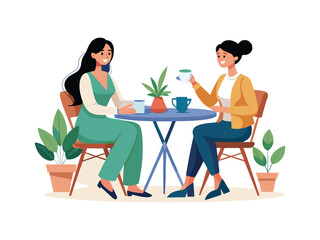 Two smiling women enjoying coffee together at a small table
