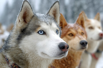 Obraz premium A group of sled dogs with snowflakes on their fur, prominently featuring a blue-eyed husky in a winter setting.