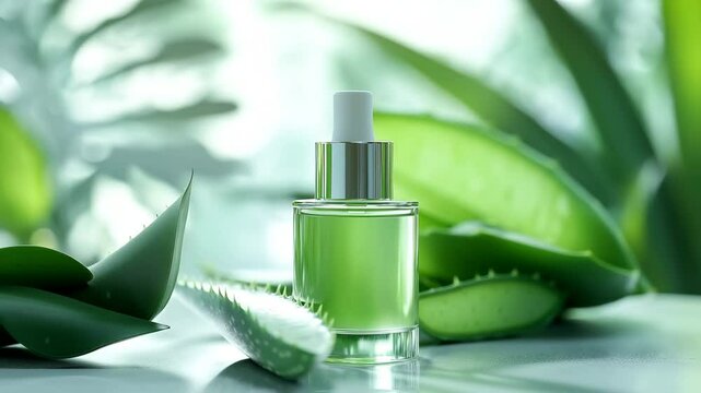 A bottle of green liquid is on a table next to some green leaves. The bottle is in the center of the leaves and the leaves are spread out around it. The bottle is clear and has a white cap