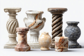 Collection of various antique stone columns and vases, showcasing different designs and states of preservation on a white background.