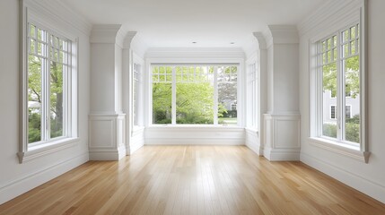 Fototapeta premium Bright, Airy Room with Large Windows and Hardwood Floors Modern Interior Design Inspiration