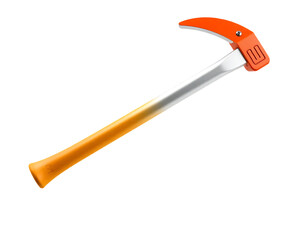 Close-up of an orange and silver ice axe.