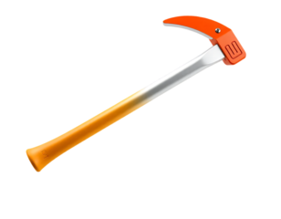 Close-up of an orange and silver ice axe.