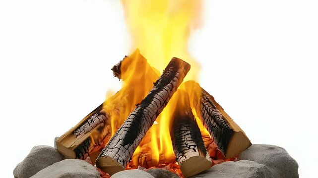  A bonfire with wood, against a white background, 
