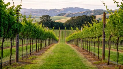 Naklejka premium Vineyard Rows Leading to Rolling Hills Scenic Winery Landscape