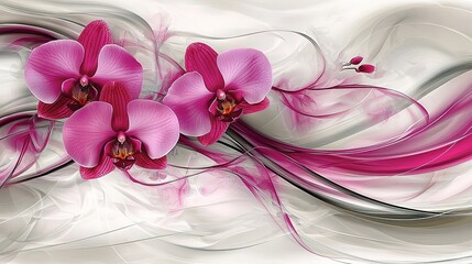 Vibrant orchid blossoms in flowing abstract design.