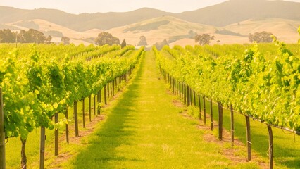 Fototapeta premium Vineyard Rows Golden Sunlight Green Vines Rural Landscape