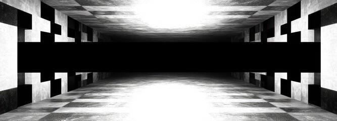 Empty tunnel with checkerboard pattern on floor, walls, and ceiling creating a high-contrast monotone corridor extending into darkness