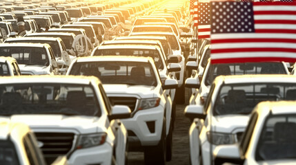 Rows of white SUVs parked tightly under evening sunlight, with an American flag prominently displayed in the background.